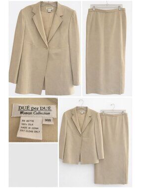 Due Per Due Vintage 14W - 100% Silk Suit Light Beige Blazer Skirt Set